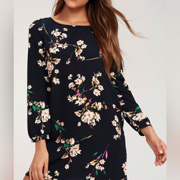 Lulu's Herbaceous Babe Navy Floral Print Shift Dress Size Small - Picture 4 of 12